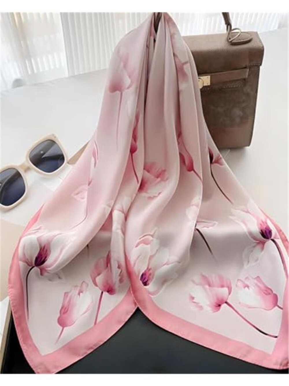 27.5" Mulberry Silk Feeling Head Pink Floral Prin Scarf Square Neck Satin Scarfs